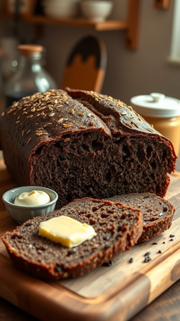 Dutch Oven Pumpernickel Bread Recipe A loaf of pumpernickel bread on a cutting board, sliced to show its dense texture, with butter and caraway seeds on the side.